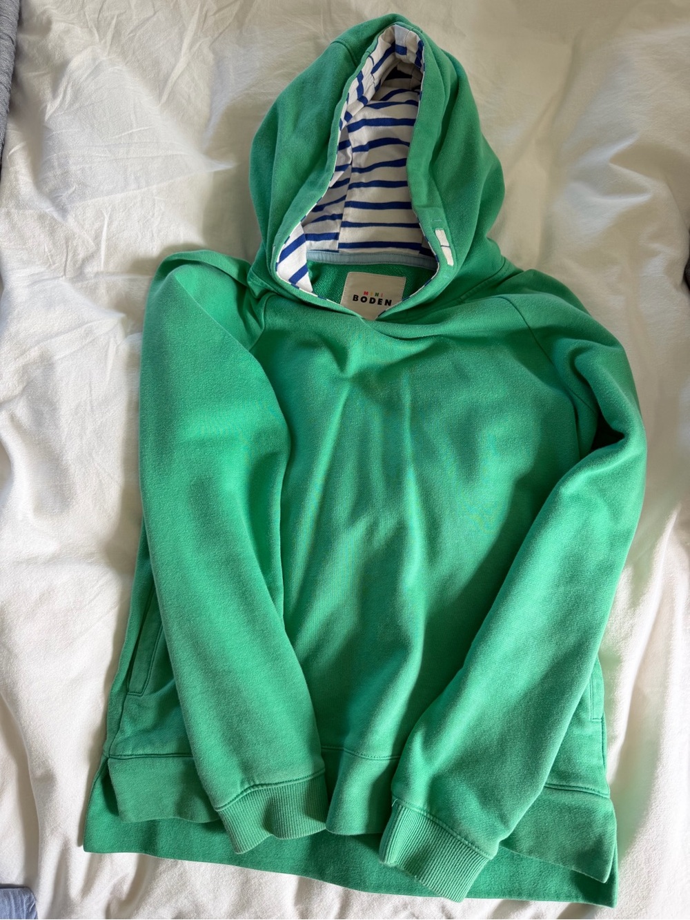 Mini Boden Green Crewneck Hoodie with Striped Hood Lining